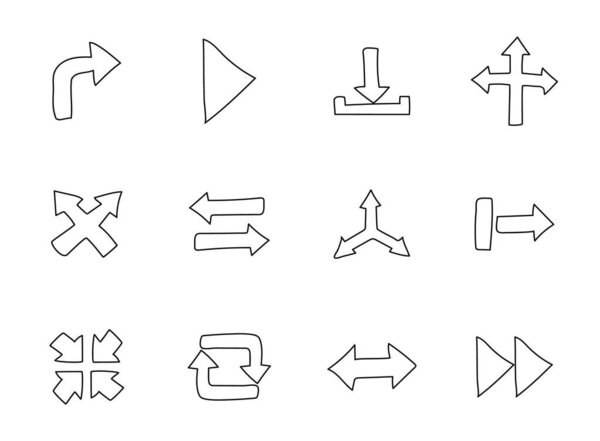 Arrows hand drawn linear vector icons isolated on white background. arrows doodle icon set for web and ui design, mobile apps and print products