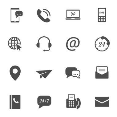 contact us silhouette vector icons set isolated on white background. business communication concept. contact us black icons for web and ui design