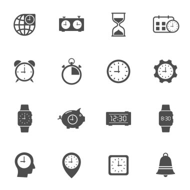 Saat vektör simgesi web ve ui tasarımı için ayarlandı. Zaman para iş konsepti saat düz simgeleri beyaz arkaplan izole.