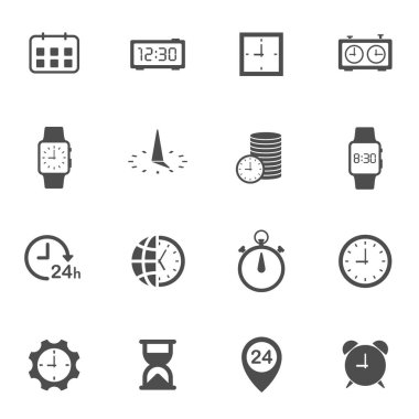 Web ve ui tasarımı için saat düzlüğü simgesi ayarlandı. Saat vektör simgeleri beyaz arkaplanda izole edildi. Zaman para işi konseptidir.