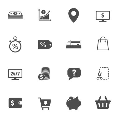 e-ticaret vektör simgeleri beyaz arkaplanda izole edildi. Ticaret anlayışı. Web, mobil ve ui tasarımı için ticari düz simgeler.