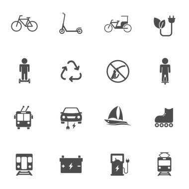 Eko taşıyıcı vektör simgeleri beyaz arkaplanda izole edildi. Elektrik ekolojik taşıma konsepti. Web, mobil ve ui tasarımı için eko taşıma düz simgeleri.