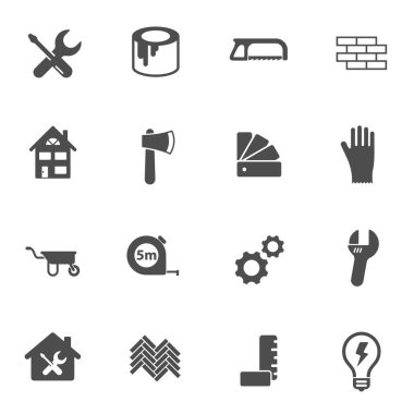 Beyaz arkaplanda izole edilmiş web, mobil ve kullanıcı arayüzü dizaynı için inşaat vektör simgeleri. İnşaat ve ev tamir web simgeleri için çalışma araçları