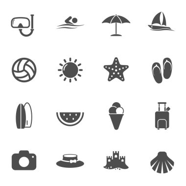 Yaz sahili ikonları beyaz arka planda izole edildi. Yaz mevsimi eğlence konsepti. Web ve ui tasarımı için yaz plajı simgeleri