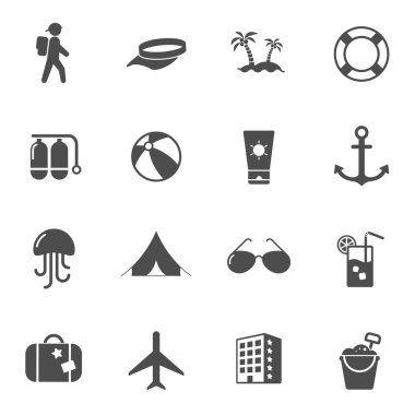 Yaz sahili ikonları beyaz arka planda izole edildi. Web ve ui tasarımı için yaz plajı simgeleri. Yaz mevsimi eğlence konsepti