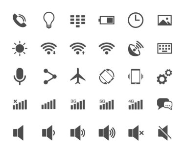 Akıllı telefon fonksiyonları web simgeleri. Ui elementleri. Web, mobil ve ui tasarımı için akıllı telefon fonksiyonları vektör simgeleri