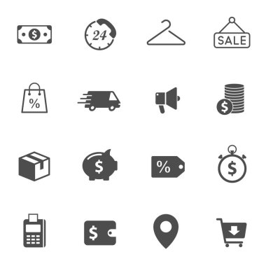 Beyaz arka planda izole edilmiş alışveriş vektörü simgeleri. Web, mobil uygulamalar, ui tasarımı ve yazdırma ürünleri için ticari simgeler alınıyor