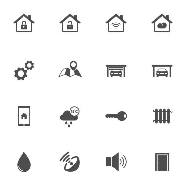 Akıllı ev teknolojisi siluet vektör simgeleri beyaz arka planda izole edildi. Akıllı ev otomasyon kontrol sistemi sembolleri. Web, mobil uygulamalar ve ui tasarımı için modern bilgi simgeleri