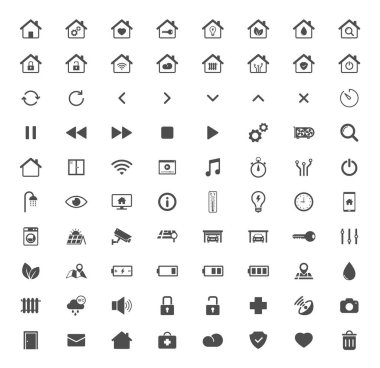 Akıllı ev teknolojisi siluet vektör simgeleri beyaz arka planda izole edildi. Akıllı ev otomasyon kontrol sistemi sembolleri. Web, mobil uygulamalar ve ui tasarımı için modern bilgi simgeleri