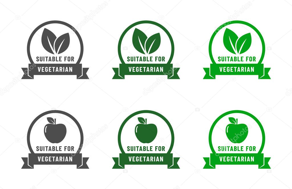 Suiatable for vegetarian icons. Organic, bio, eco symbols. No meat, vegetarian, healthy, nonviolent food. Round green vector illustrations with ribbons, apples, leaves for stickers, labels and logos