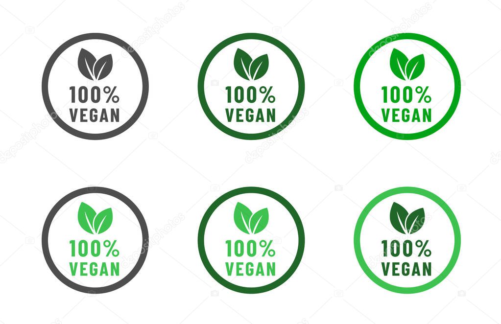 vegan food diet icon set. Organic, bio, eco symbols. Vegan, no meat, lactose free, healthy, fresh and nonviolent food. Round green vector illustrations with leaves for stickers, labels and logos