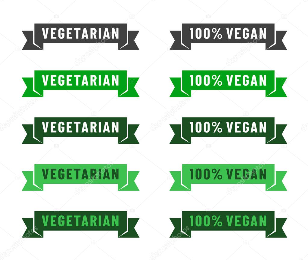 vegan or vegetarian icon set. Organic, bio, eco symbols. Vegan, no meat, lactose free, healthy, fresh, nonviolent food. Round green vector illustrations of ribbons for stickers, labels and logos