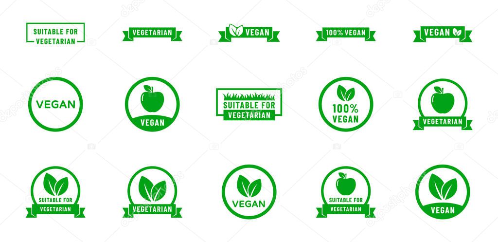 vegan and suitable for vegetarian icons. Organic, bio, eco symbols. Vegan, no meat, lactose free, healthy, fresh, nonviolent food. Round green vector illustrations for stickers, labels and logos