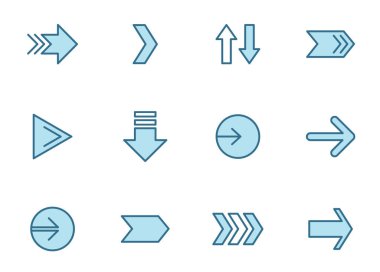 Oklar beyaz arkaplanda izole edilmiş iki renkte vektör simgeleri çiziyor. Web tasarımı, mobil uygulamalar, ui tasarımı ve yazdırma için mavi ok simgesi seti.