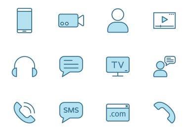 iletişim lineal vektör simgeleri mavi renkte beyaza izole edildi. Web ve ui tasarımı, mobil uygulamalar, baskı ve iş tanıtım reklamları için iki renk simgeleri