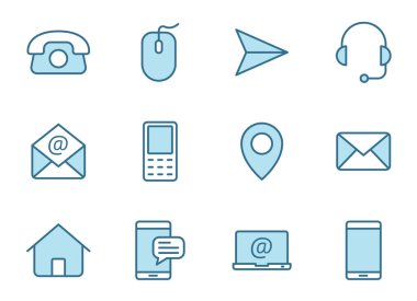 Beyaz arkaplanda izole edilmiş iki renk ile doğrusal vektör simgeleriyle bağlantı kurun. Web tasarımı, evet, mobil uygulamalar ve yazdırma için mavi simge seti ile iletişime geçin