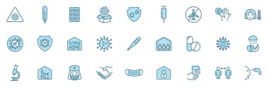 covid-19 koronavirüs çizgi vektör simgeleri beyaza izole edilmiş iki renk. Web ve ui tasarımı, mobil uygulamalar ve yazdırma ürünleri için koronavirüs mavi simgesi seti