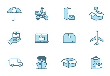 Beyaz arkaplanda izole edilmiş iki renkte doğrusal vektör simgeleri gönder. Web tasarımı için dağıtım mavi simgesi seti, evet, mobil uygulamalar ve yazdırma