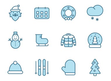 Beyaz arka planda izole edilmiş kış çizgisi vektör simgeleri. Web ve ui tasarımı, mobil uygulamalar ve yazdırma ürünleri için kış mavi simgesi seti