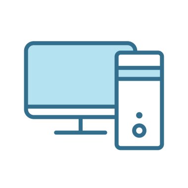 Masaüstü bilgisayar lineal mavi simgesi beyaz üzerine izole edildi. Bilgisayar rengi vektör çizimi. Ağ ve mobil uygulamalar için mavi kulaçlı akıllı cihaz teknolojisi düz vektör ikonu, evet tasarım. Akıllı teknoloji