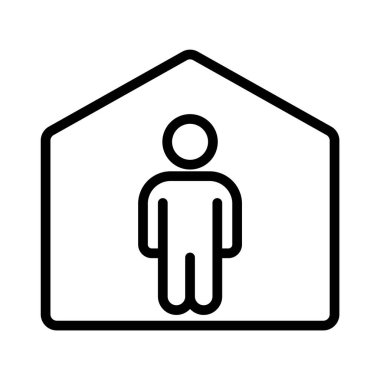 Beyaz arkaplanda izole edilmiş ev çizgisi vektör simgesi olarak kal. 2019-nCoV Coronavirus önleme. Ev simgesindeki adam