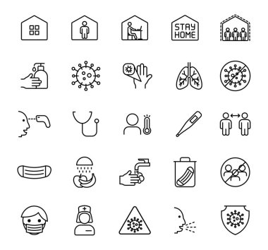 Beyaz arka planda izole edilmiş Coronavirus çizgi vektör simgeleri. İnternet, mobil uygulamalar ve ui tasarımı için koronavirüs pandemik çizgi simgesi seti. Evde kal.