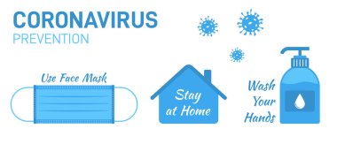 Coronavirus prevention. Use face mask. Stay at home. Wash your hands. Vector illustration in blue tones on the theme of the coronavirus 2019-nCoV pandemic. Covid-19 virus. Mask, house and soap.