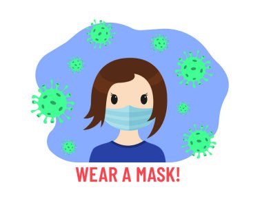 Maske tak. Coronavirus önleme. Etrafta tıbbi maskeli ve virüs taşıyan bir kız var. Maske harfleri. Coronavirus 2019-nCoV pandemik renk vektörü çizimi.