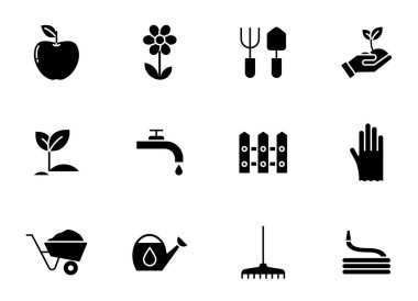 Beyaz arka planda izole edilmiş bahçe silueti vektör simgeleri. Web, mobil uygulamalar, ui tasarım ve yazdırma için bahçe simgesi seti