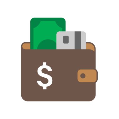 Cüzdan rengi düz çizimi beyaz arkaplanda izole edildi. Para kredi kartı ve dolar işaretli cüzdan web ve ui tasarımı, mobil uygulamalar ve yazdırma ürünleri için vektör simgesi