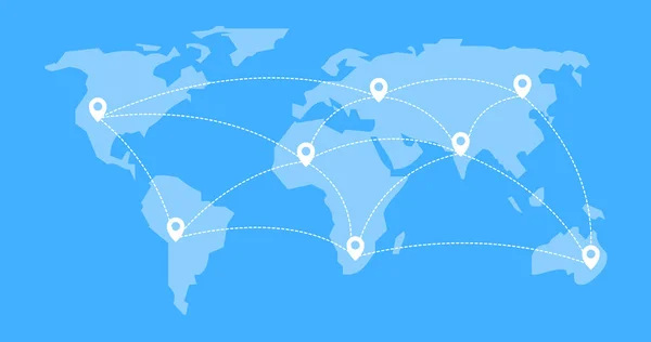 world map blue vector illustration with white paointers all over connected by a dotted line, on all continents