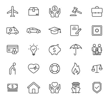 Insurance outline vector icons isolated on white. Insurance icon set for web and ui design, mobile apps and print products
