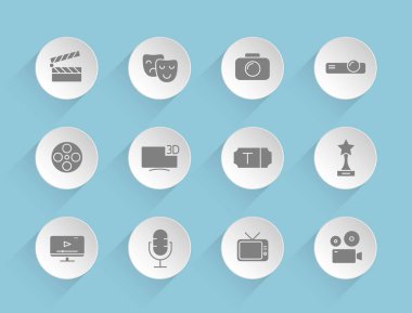 cinema vector icons on round puffy paper circles with transparent shadows on blue background. Stock vector icons for web, mobile and user interface design