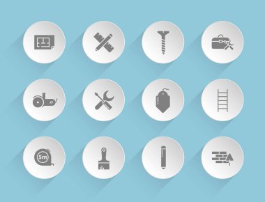 Mavi arka planda şeffaf gölgeler olan yuvarlak kağıt daireler üzerine inşaat vektör simgeleri. Web, mobil ve kullanıcı arayüzü tasarımı için stok vektör simgeleri