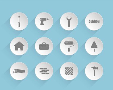 Mavi arka planda şeffaf gölgeler olan yuvarlak kağıt daireler üzerine inşaat vektör simgeleri. Web, mobil ve kullanıcı arayüzü tasarımı için stok vektör simgeleri