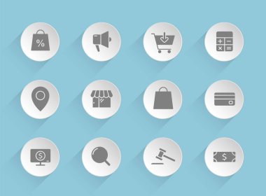 e-commerce vector icons on round puffy paper circles with transparent shadows on blue background. e-commerce stock vector icons for web, mobile and user interface design