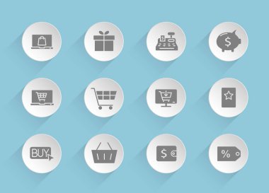 e-commerce vector icons on round puffy paper circles with transparent shadows on blue background. e-commerce stock vector icons for web, mobile and user interface design