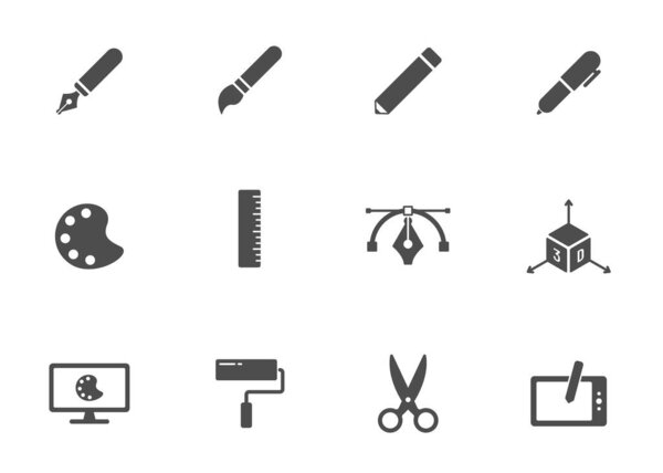 art and design silhouette vector icons isolated on white background. art and design grey icon set for web, mobile apps, ui design and print