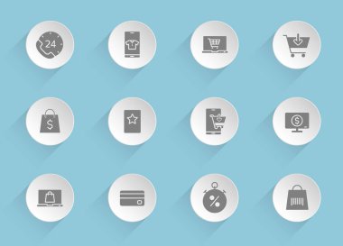 Mavi arka planda şeffaf gölgeler olan yuvarlak kağıt çemberler üzerinde alışveriş vektör simgeleri. Web, mobil ve kullanıcı arayüzü tasarımı için alışveriş stoku vektör simgeleri