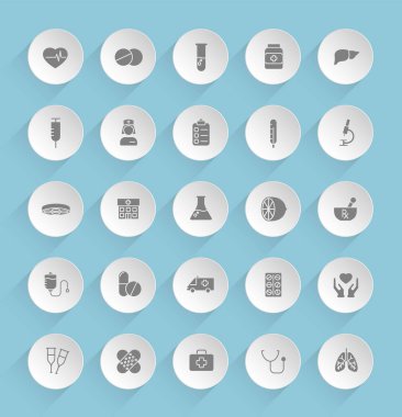 Mavi arka planda şeffaf gölgeler olan yuvarlak kağıt daireler üzerinde tıbbi vektör simgeleri. Web, mobil ve kullanıcı arayüzü tasarımı için sağlık hizmetleri stok vektör simgeleri