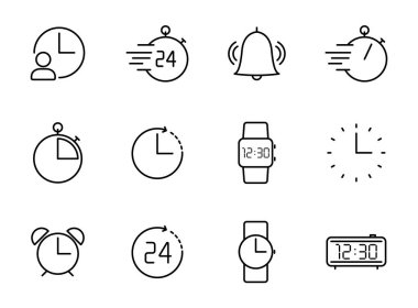 Zaman ve saat ana hatları vektör simgeleri beyaza izole edildi. Web ve ui tasarımı, mobil uygulamalar ve yazdırma ürünleri için zaman ve saat simgesi seti