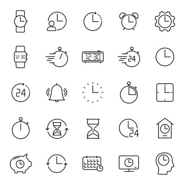 Zaman ve saat ana hatları vektör simgeleri beyaza izole edildi. Web ve ui tasarımı, mobil uygulamalar ve yazdırma ürünleri için zaman ve saat simgesi seti