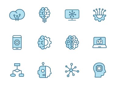 Yapay zeka çizgisi vektör simgelerini beyaz arkaplanda izole edilmiş iki renkle doldurdu. Web tasarımı için yapay zeka mavi simgesi seti, ui, mobil uygulamalar, baskı yalan makinesi ve tanıtım işi