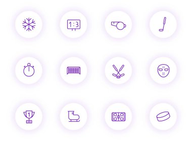 Mor renkli hokey sembolleri açık renkli yuvarlak düğmelerde mor gölgeli vektör simgeleri. Web için hokey simgesi seti, mobil uygulamalar, ui tasarım ve yazdırma