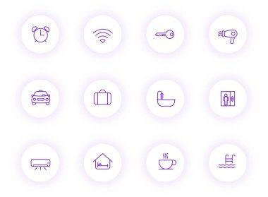 Mor renkli otel çizgileri, mor gölgeli açık renkli düğmelerdeki vektör simgeleri. Web, mobil uygulamalar, ui tasarım ve yazdırma için otel simgesi seti