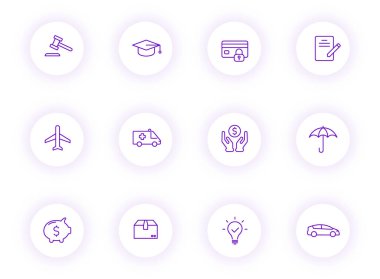 Mor renkli sigortalar, mor gölgeli hafif yuvarlak düğmelerdeki vektör simgeleri. Web, mobil uygulamalar, ui tasarım ve yazdırma için sigorta simgesi