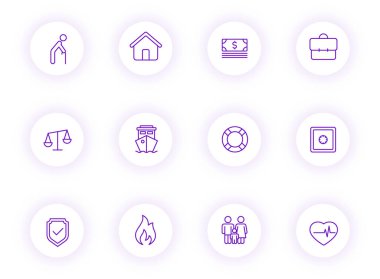 Mor renkli sigortalar, mor gölgeli hafif yuvarlak düğmelerdeki vektör simgeleri. Web, mobil uygulamalar, ui tasarım ve yazdırma için sigorta simgesi