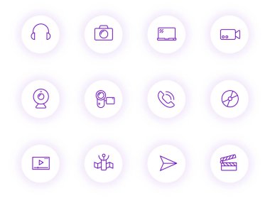 Mor renkli medya ana hatları, mor gölgeli ışık yuvarlak düğmelerdeki vektör simgeleri. Web, mobil uygulamalar, ui tasarım ve yazdırma için ortam simgesi seti