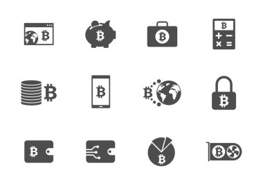 Beyaz üzerinde izole edilmiş bitcoin gri siluet vektör simgeleri. Web, mobil uygulamalar, ui tasarımı ve yazdırma için bitcoin şifreleme simgesi seti