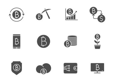 Beyaz üzerinde izole edilmiş bitcoin gri siluet vektör simgeleri. Web, mobil uygulamalar, ui tasarımı ve yazdırma için bitcoin şifreleme simgesi seti